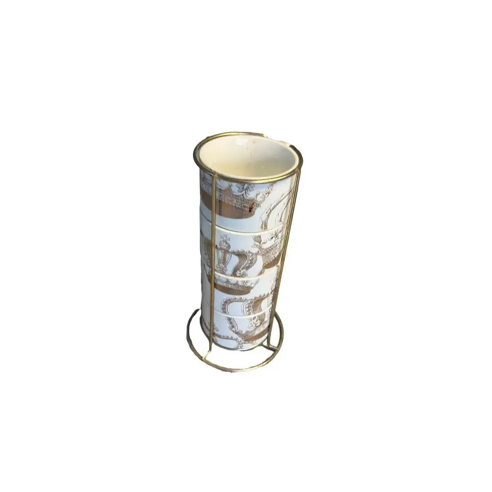Vintage Pier 1 Imports Stacking Mugs Set of 4 Gold White Crown Cups w Holder